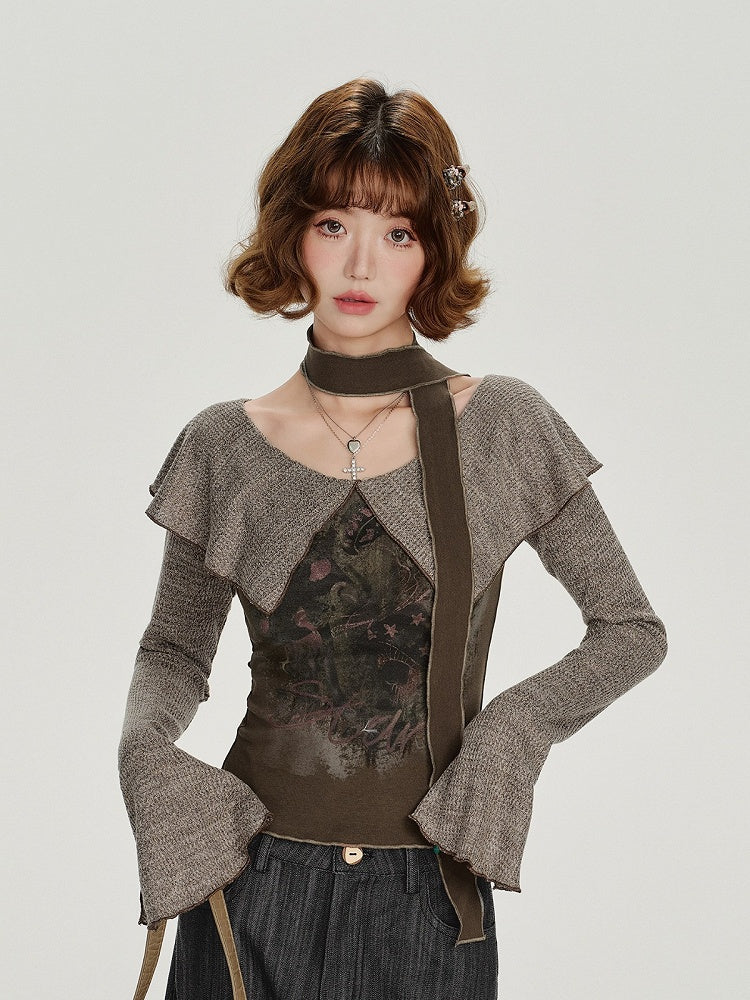 Vintage Long Sleeve Top with Ruffled Capelet Collar and Floral Print - Girlyhalo