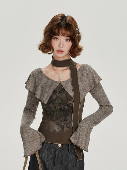 Vintage Long Sleeve Top with Ruffled Capelet Collar and Floral Print - Girlyhalo