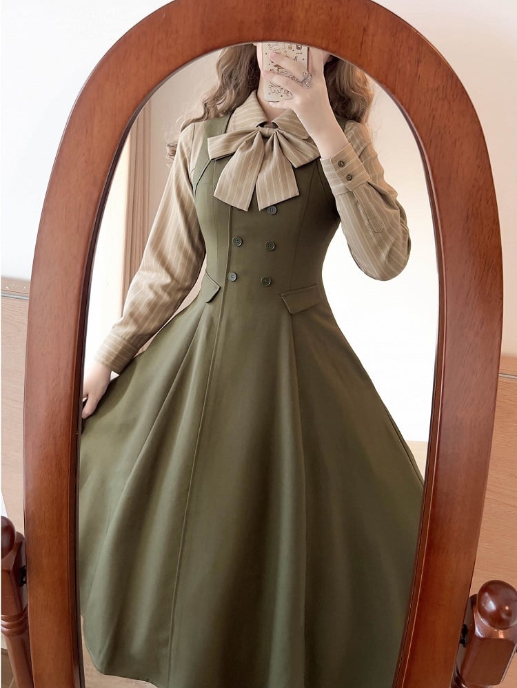 Bowtie Khaki Long with Elegant Striped Shirt Sleeves