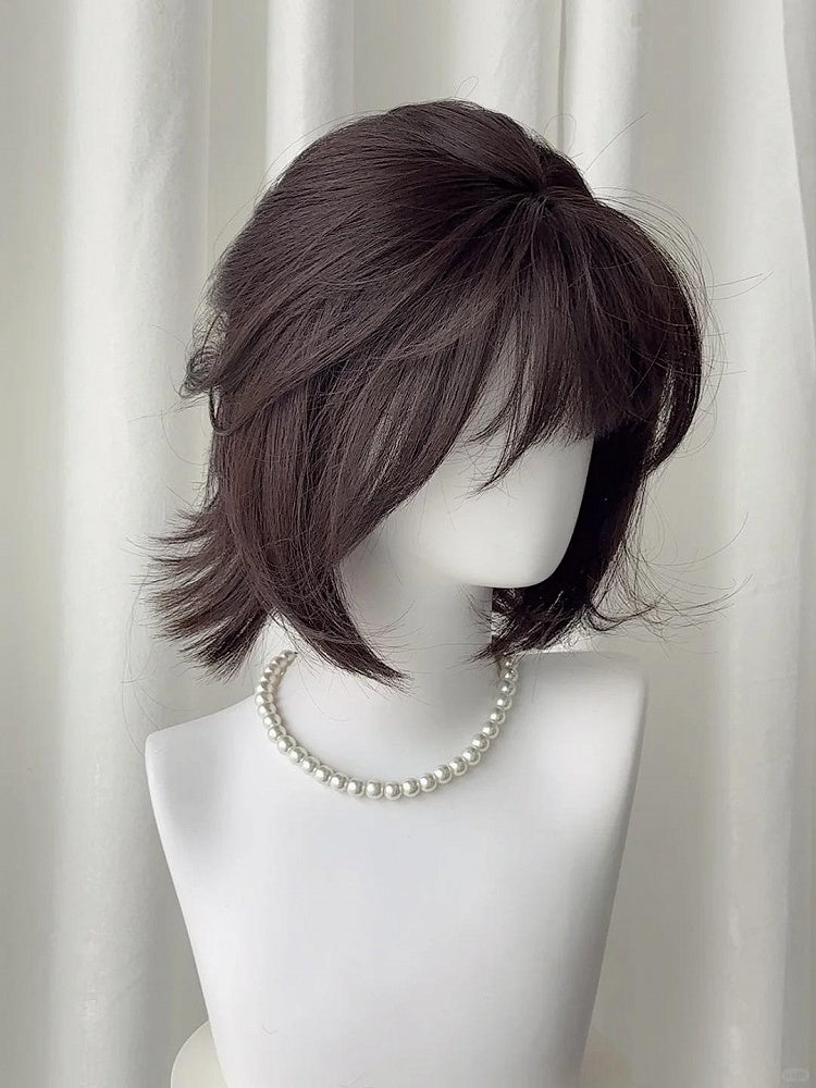 with Short Straight Bangs 30CM Full Black Wig Tea