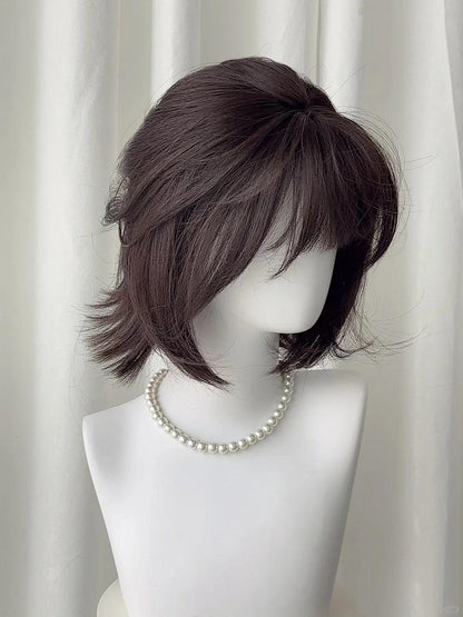 with Short Straight Bangs 30CM Full Black Wig Tea