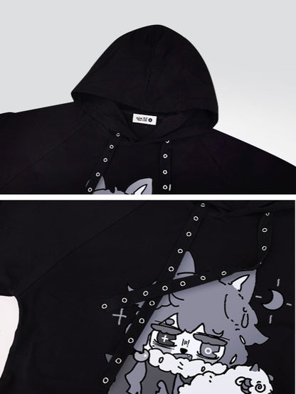 Wolf Cartoon Ears Drawstrings Black with Print and Hooded T-Shirt Strap