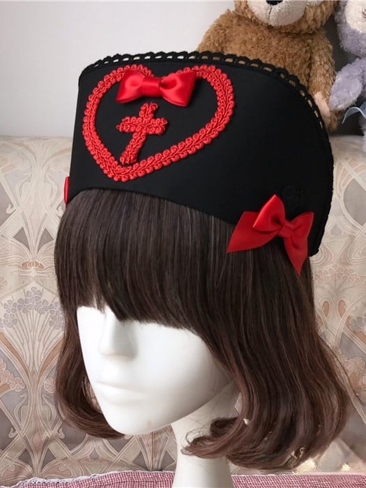Kreuz und Lolita – Akzente Krankenschwester Farbe 5 Spitzenoptionen mit Cosplay Bowknots Hut Herzform