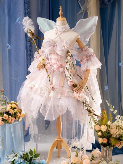 Rosa Prinzessin Fee Blumenmuster Set voller Schmetterling und JSK Kleid Lolita Blume