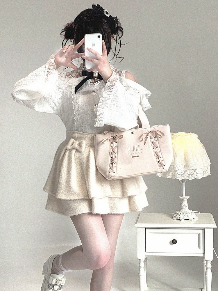 Double-Layer Pom-Pom Bow Skirt Jirai Kei Pink/Black/Off-White Ruffle Decor
