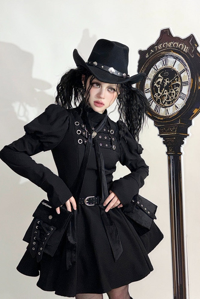 Steampunk Brown x Gothic Black Mode Buckle High Collar Puff Sleeve Doll Dress