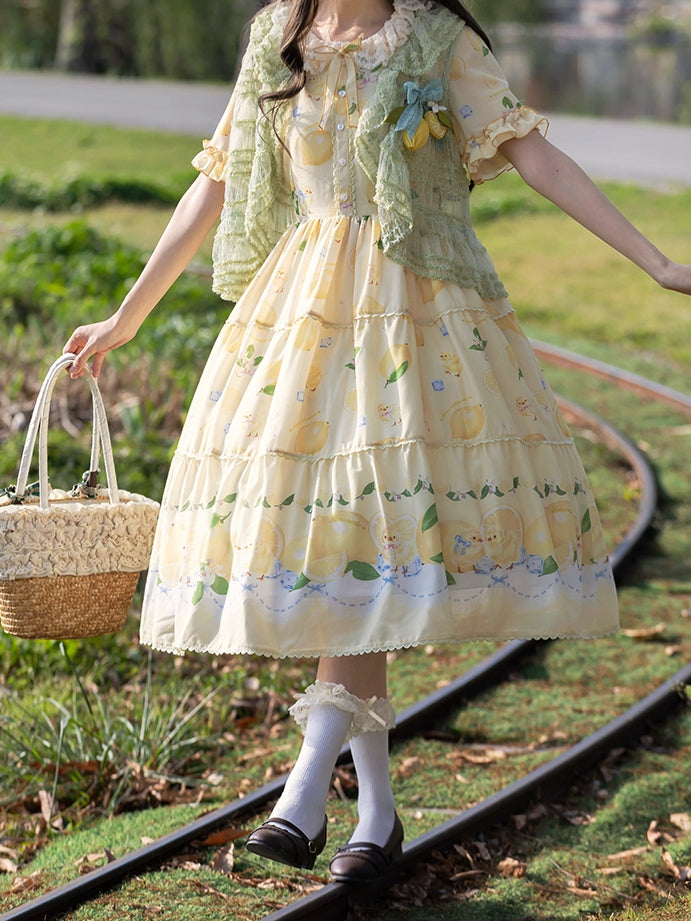 春とひよこドレス袖ショート夏プリントロリータレモンイエロー