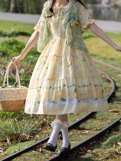 春とひよこドレス袖ショート夏プリントロリータレモンイエロー