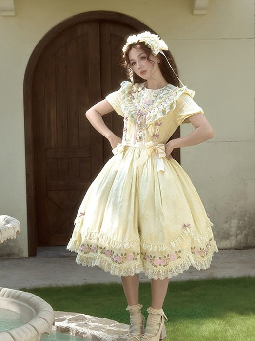 Yellow Embroidered Classic Lolita OP Dress with Scalloped Lace Hem