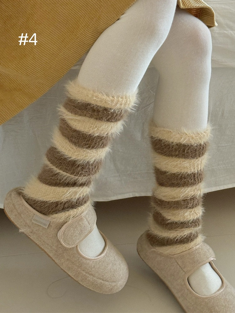 Y2K Striped Pattern Knitted Plush Leg Warmers