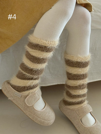 Y2K Striped Pattern Knitted Plush Leg Warmers