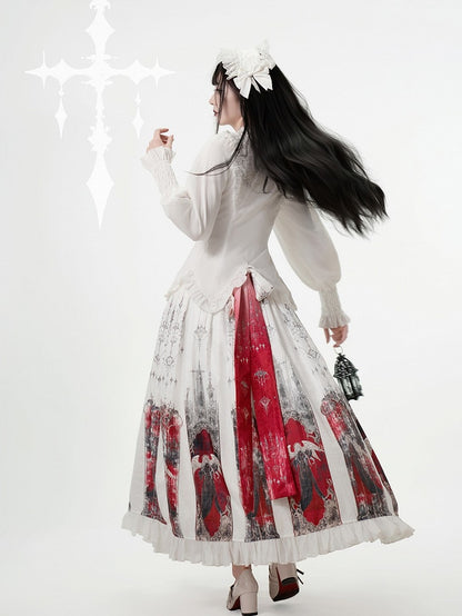 Print Ruffled Red and White Skirt Pleat Box Angel Castle with Hem Gothic