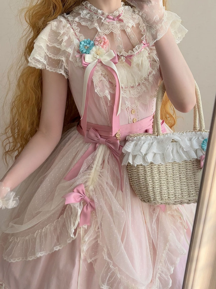 Elegant Bow and Details Version Classic with Lace Dress Short Pink Lolita