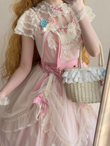 Elegant Bow and Details Version Classic with Lace Dress Short Pink Lolita