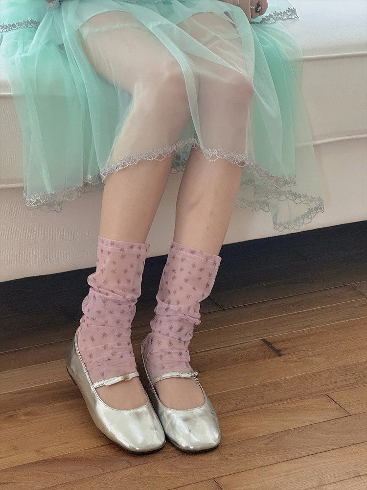 Style) Calf Sweet (Delicate Floral Semi-sheer Socks Footless