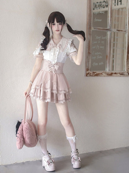 Landmine Style Pink & White Lace Cutout Shoulder Short Sleeve Blouse with Ruffle Details - Ekomi