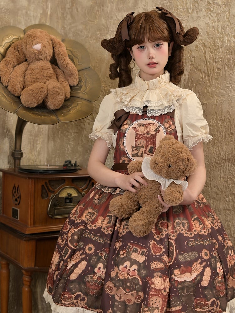 Cookies Print Dress Lolita Puppy Overall Set Reddish Furry Full Brown and Sweet