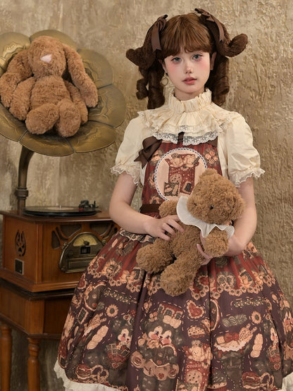 Cookies Print Dress Lolita Puppy Overall Set Reddish Furry Full Brown and Sweet