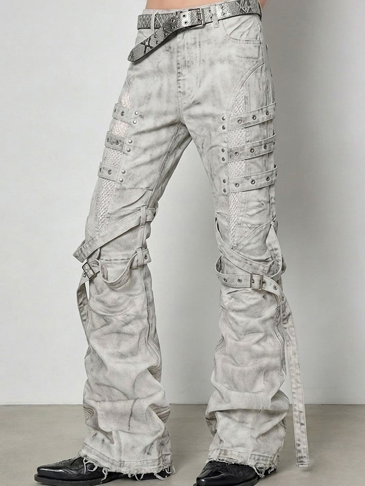 Vintage Batik Distressed Slim Fit Flared Jeans with Strap Accents - Nova nexus