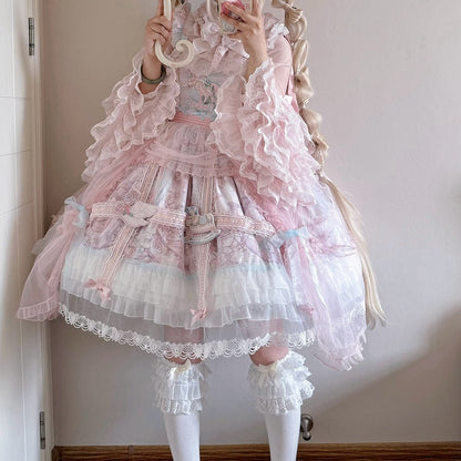 ピンクのロングレイヤードベルスリーブシフォンブラウス