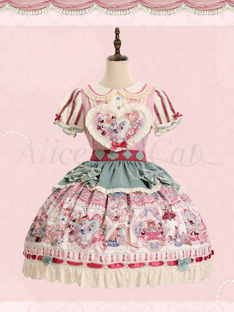 Pink & Green Alice Cat Vibes Heart-shaped Patch Sweet Lolita Dress with Apron Belt - Mewroco