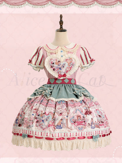 Pink & Green Alice Cat Vibes Heart-shaped Patch Sweet Lolita Dress with Apron Belt - Mewroco