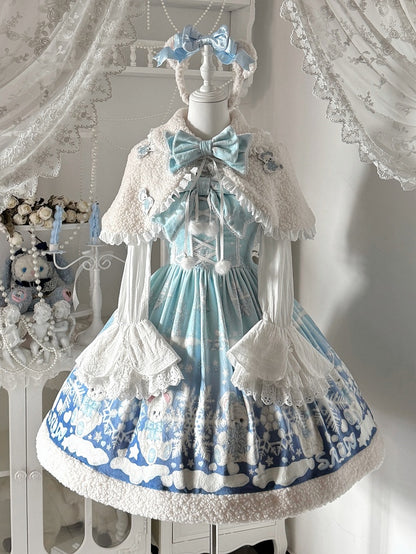 Sweet Winter Lolita Snowy Teddy Print Light Blue Gradient Lolita JSK Full Set