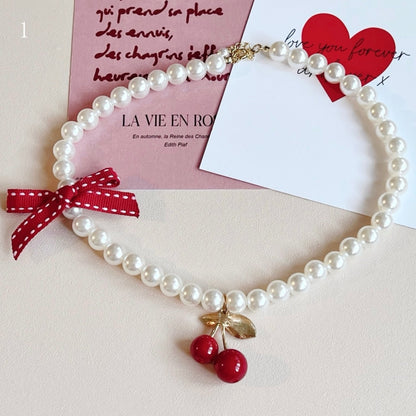 Necklace Bowknot White Pendant Details Beaded 4 Options Cherry/Strawberry/Heart