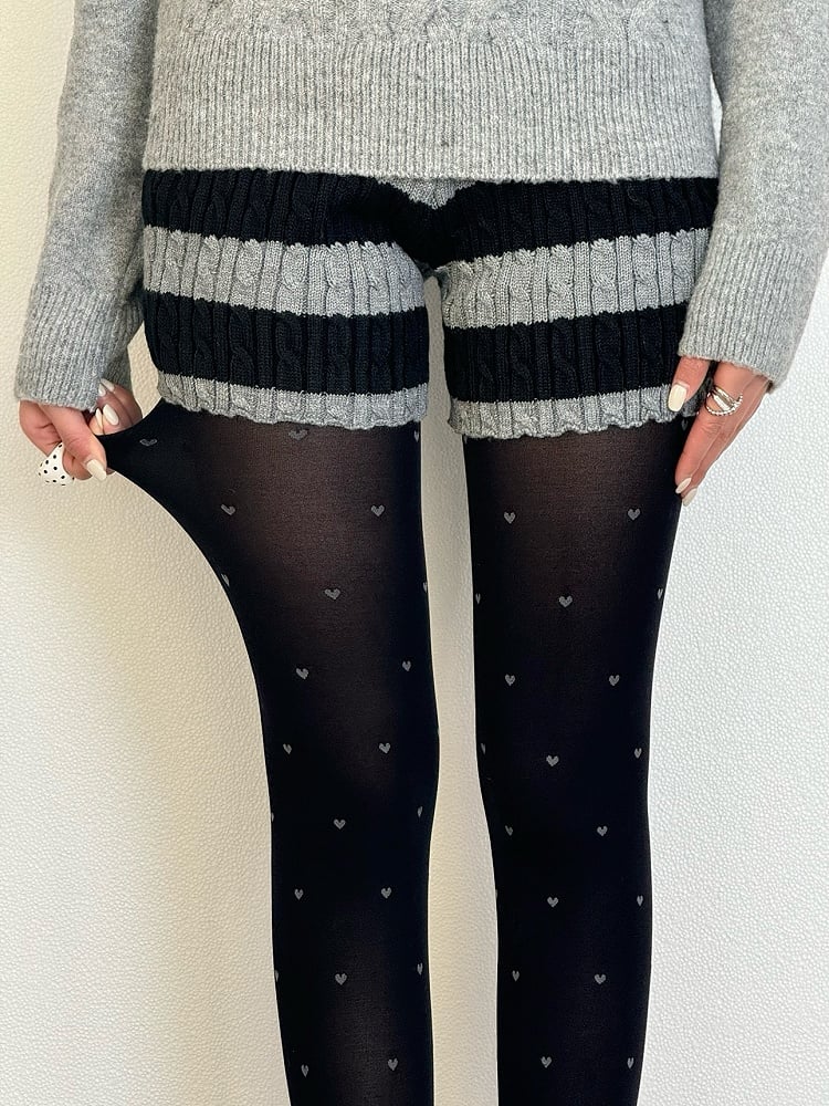 Pattern Tights Gray/Black/Creamy White Elegant Heart