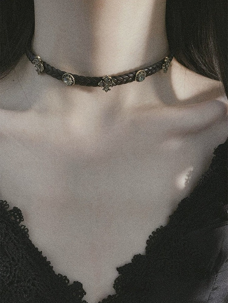 Dark Brown Gothic Leather Choker with Rhinestone Cross - Insomnia Artist