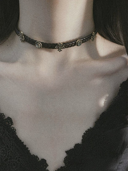 Dark Brown Gothic Leather Choker with Rhinestone Cross - Insomnia Artist