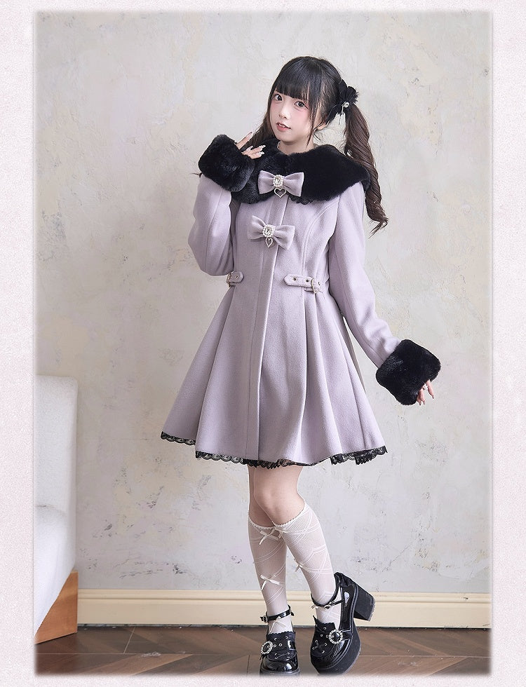 and Lavender Purple Coat Jirai Kei Plush Cuffs Rhinestones Lace Trim Collar Bowknots