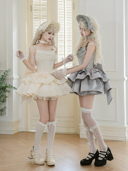 Kleid Lolita Beige Taille JSK Entbeint Wasserfallausschnitt Set Spaghettiträger Voll Elegant