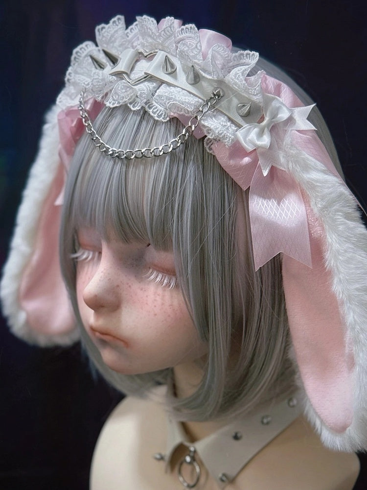Bunny Strap Leather Ear with Pink Droopy KC White Rivet Plush