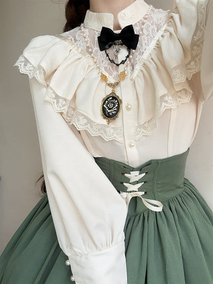 Beige Edward Neck Lolita Blouse with Bead-Accented Cuffs