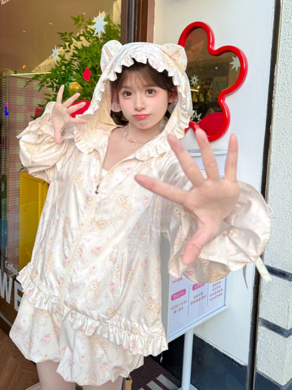 Ears Hood Beige Allover Drawstring Kitty Print Sun Protection Jacket Cuffs Kitty