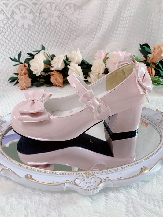 ピンクの蝶結びラウンドトゥ5.5cmブロックヒールロリータシューズ
