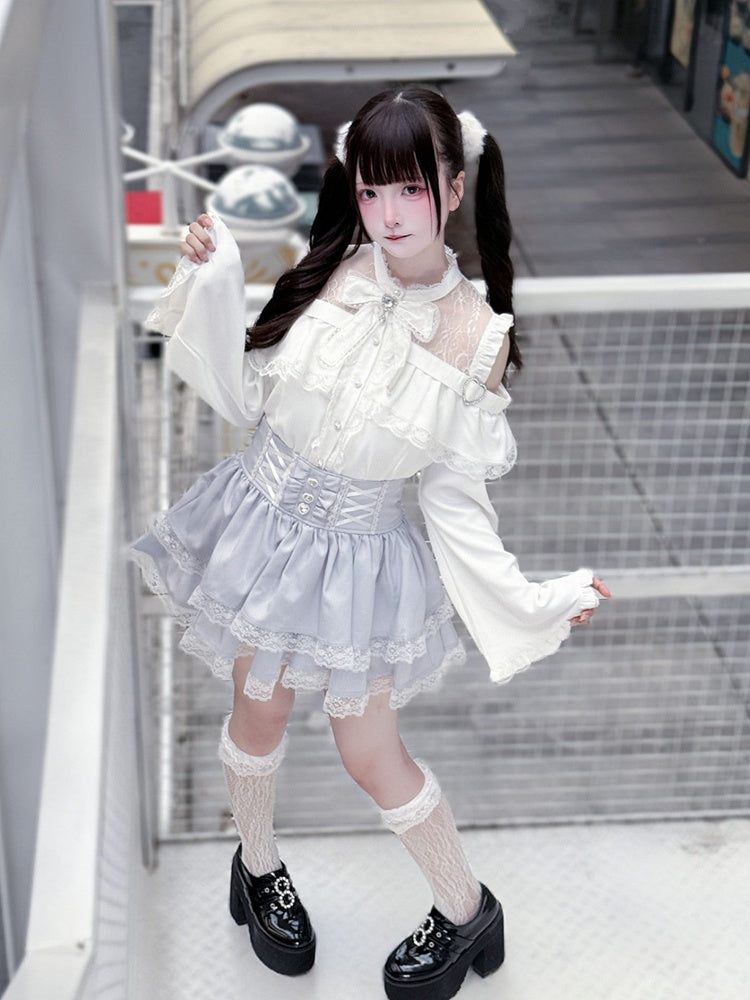 Bell Sleeves Open Shoulder with Blouse White Jirai Kei Three-Piece Set:
