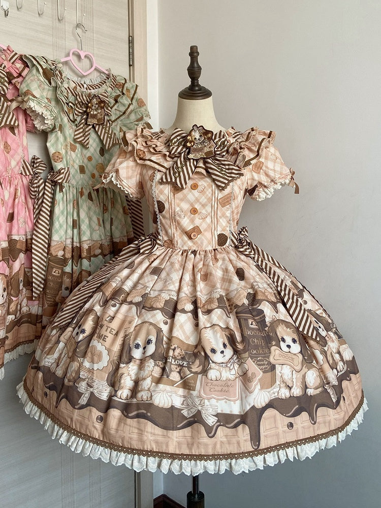 Süßes Lolita-Kleid mit kurzen Ärmeln und Welpen- und Keks-Print in Gelb