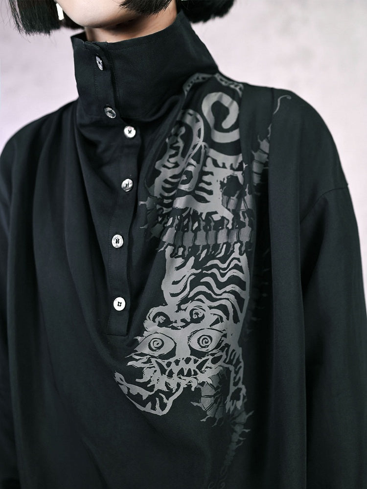Blouse Cheongsam Five-Poison Ruched with Gothic Black Print Draping