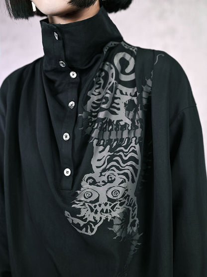 Blouse Cheongsam Five-Poison Ruched with Gothic Black Print Draping