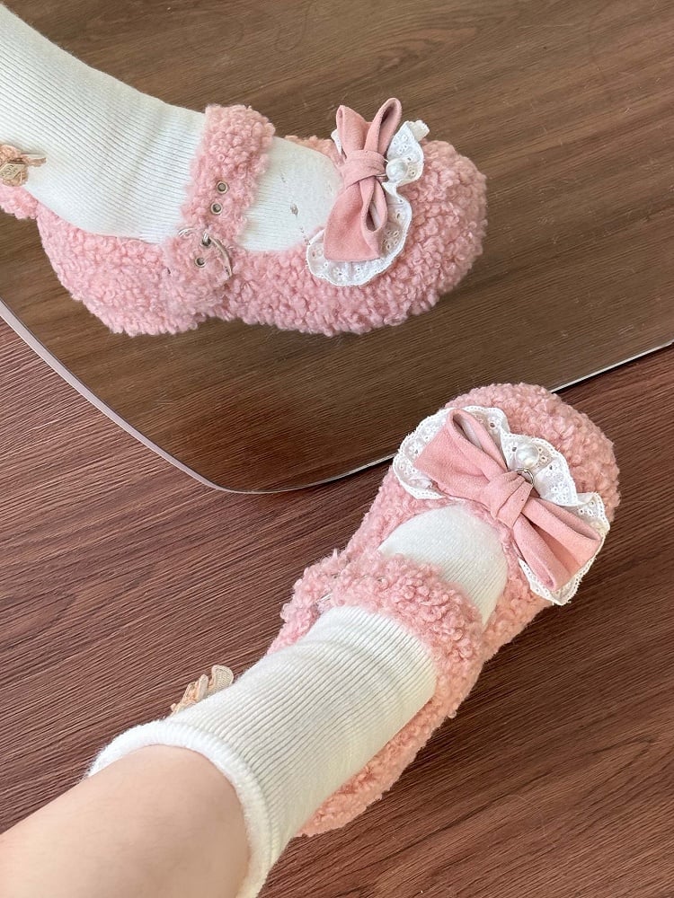 Mary with Jane Bow Shoes Design Plush Tail Decor Pink Lolita Pom-Pom Sweet