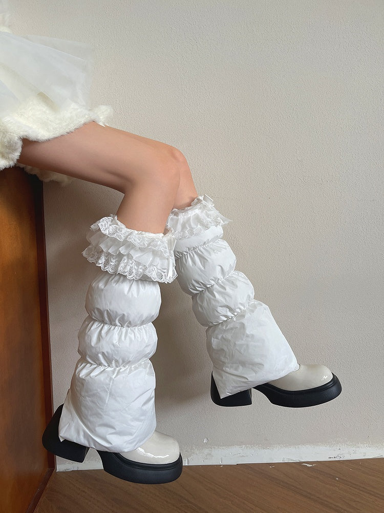 Bowknot Leg Puffer with Warmers Trim Lace White/Pink and White