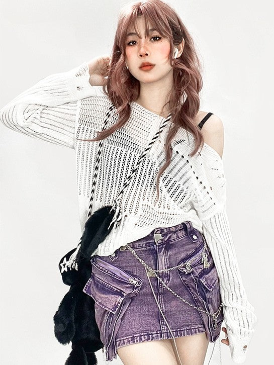 White Y2K Sun-Protective Long Sleeve Top with Asymmetrical Shoulder Design