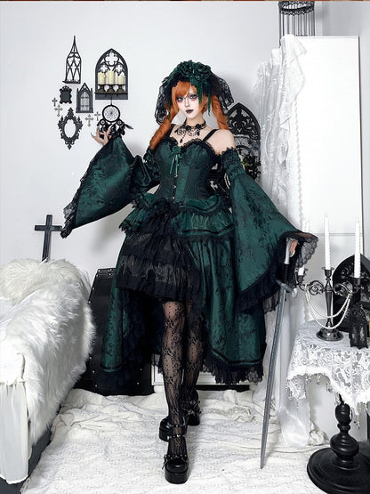 Black and Green Gothic Lolita Boned Corset Top Full Set with Skirt, Collar, Bell Sleeves & Accessories - Somnium Isle