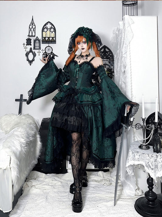 Black and Green Gothic Lolita Boned Corset Top Full Set with Skirt, Collar, Bell Sleeves & Accessories - Somnium Isle