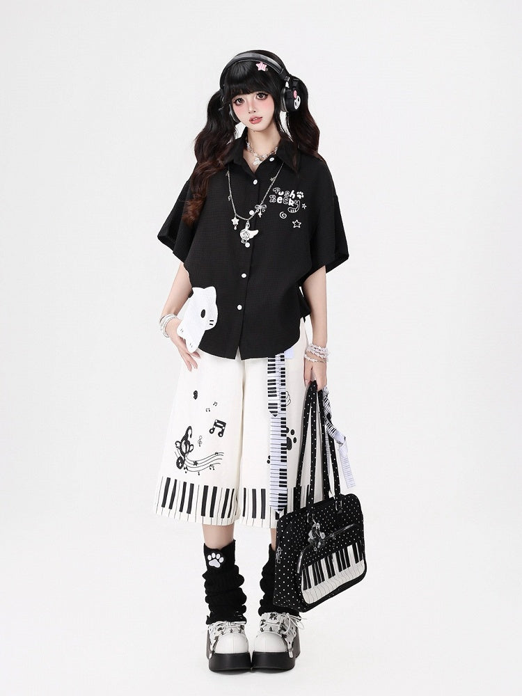 Kitten Print Casual Shirt in Black - CRAZY GIRL