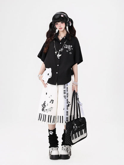 Kitten Print Casual Shirt in Black - CRAZY GIRL