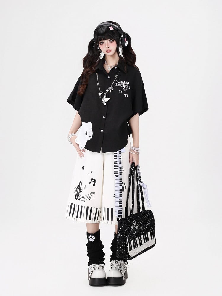 Piano Key Print Wide-Leg Pants with Belt Set - CRAZY GIRL