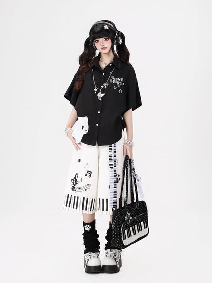 Piano Key Print Wide-Leg Pants with Belt Set - CRAZY GIRL